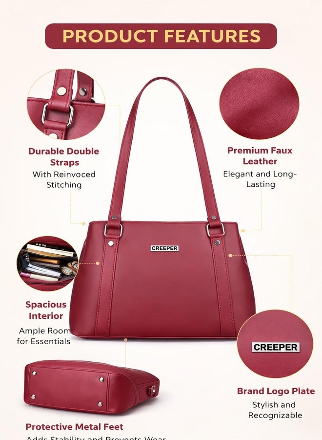 creeper Women’s Handbag | Premium PU Leather Tote Bag for Office, Travel & Daily Use | Spacious Shoulder Bag with Long Handles - Maroon - Image 3